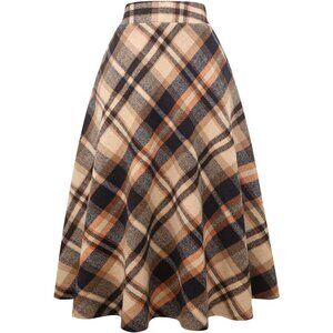 Womens Long Brown Elastic Waist A-Line Pleated Tartan Long Plaid Wool Skirts